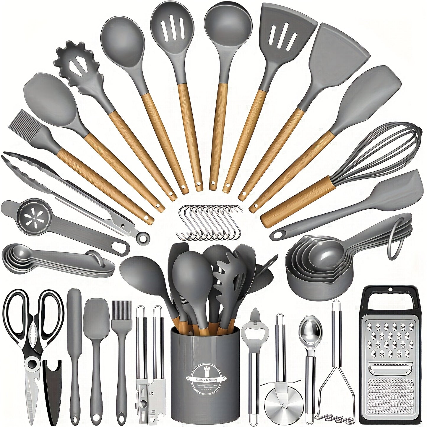44-teiliges Küchenhelfer-Set aus antihaftbeschichtetem Silikon mit Holzgriffen – einfache Koch- und Backutensilien, inklusive Spatel, Schneebesen, Löffel und mehr –