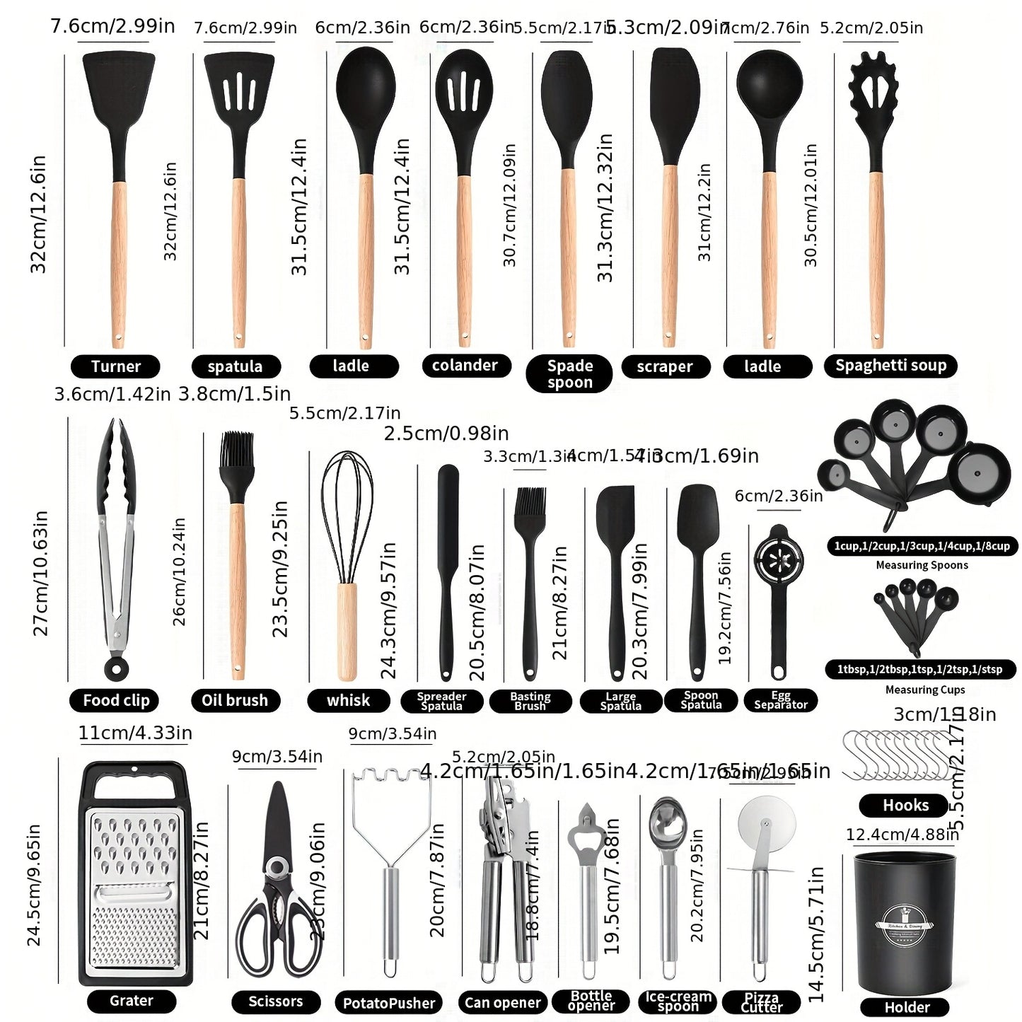 44-teiliges Küchenhelfer-Set aus antihaftbeschichtetem Silikon mit Holzgriffen – einfache Koch- und Backutensilien, inklusive Spatel, Schneebesen, Löffel und mehr –