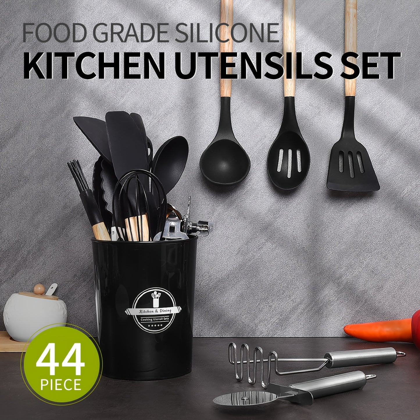 44-teiliges Küchenhelfer-Set aus antihaftbeschichtetem Silikon mit Holzgriffen – einfache Koch- und Backutensilien, inklusive Spatel, Schneebesen, Löffel und mehr –
