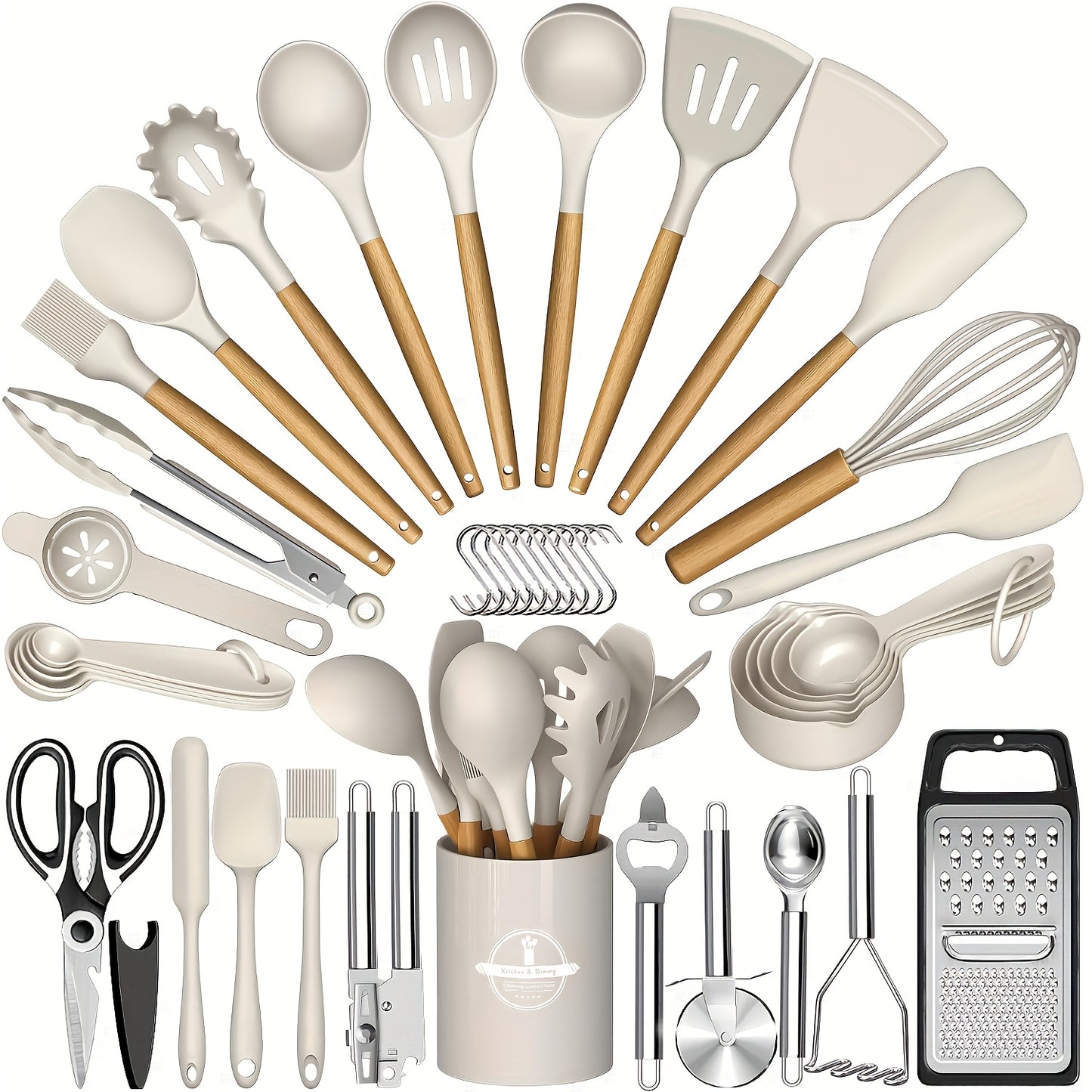 44-teiliges Küchenhelfer-Set aus antihaftbeschichtetem Silikon mit Holzgriffen – einfache Koch- und Backutensilien, inklusive Spatel, Schneebesen, Löffel und mehr –