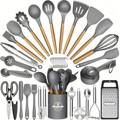 44-teiliges Küchenhelfer-Set aus antihaftbeschichtetem Silikon mit Holzgriffen – einfache Koch- und Backutensilien, inklusive Spatel, Schneebesen, Löffel und mehr –