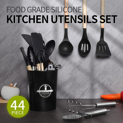 44-teiliges Küchenhelfer-Set aus antihaftbeschichtetem Silikon mit Holzgriffen – einfache Koch- und Backutensilien, inklusive Spatel, Schneebesen, Löffel und mehr –