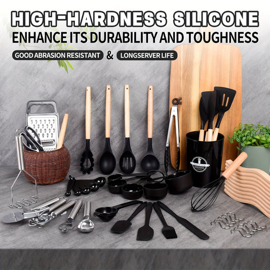 44-teiliges Küchenhelfer-Set aus antihaftbeschichtetem Silikon mit Holzgriffen – einfache Koch- und Backutensilien, inklusive Spatel, Schneebesen, Löffel und mehr –