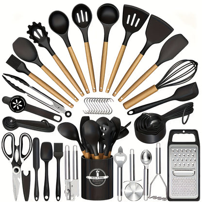 44-teiliges Küchenhelfer-Set aus antihaftbeschichtetem Silikon mit Holzgriffen – einfache Koch- und Backutensilien, inklusive Spatel, Schneebesen, Löffel und mehr –