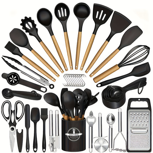 44-teiliges Küchenhelfer-Set aus antihaftbeschichtetem Silikon mit Holzgriffen – einfache Koch- und Backutensilien, inklusive Spatel, Schneebesen, Löffel und mehr –