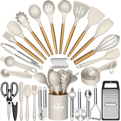 44-teiliges Küchenhelfer-Set aus antihaftbeschichtetem Silikon mit Holzgriffen – einfache Koch- und Backutensilien, inklusive Spatel, Schneebesen, Löffel und mehr –